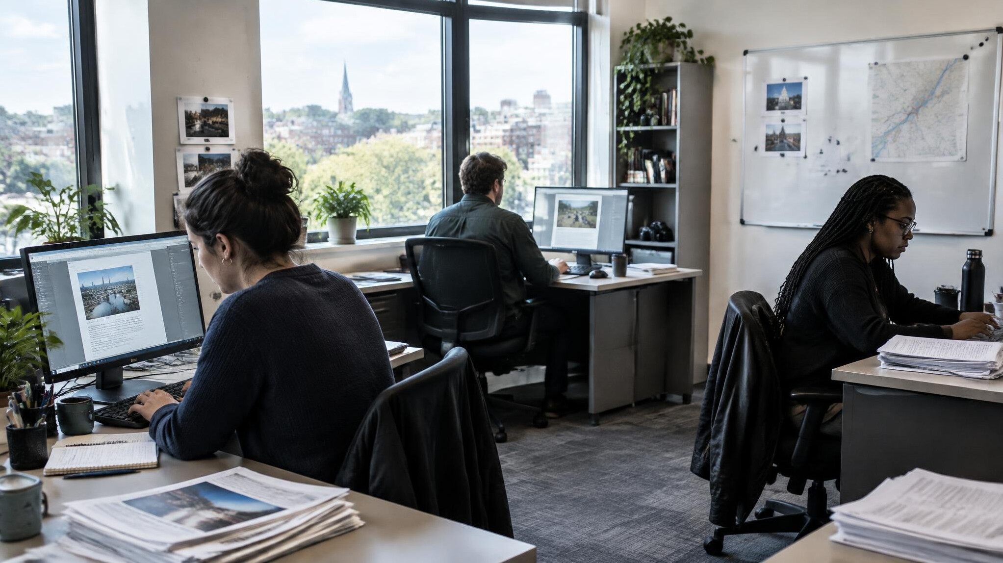 Small newsroom office with desks, monitors and printed documents