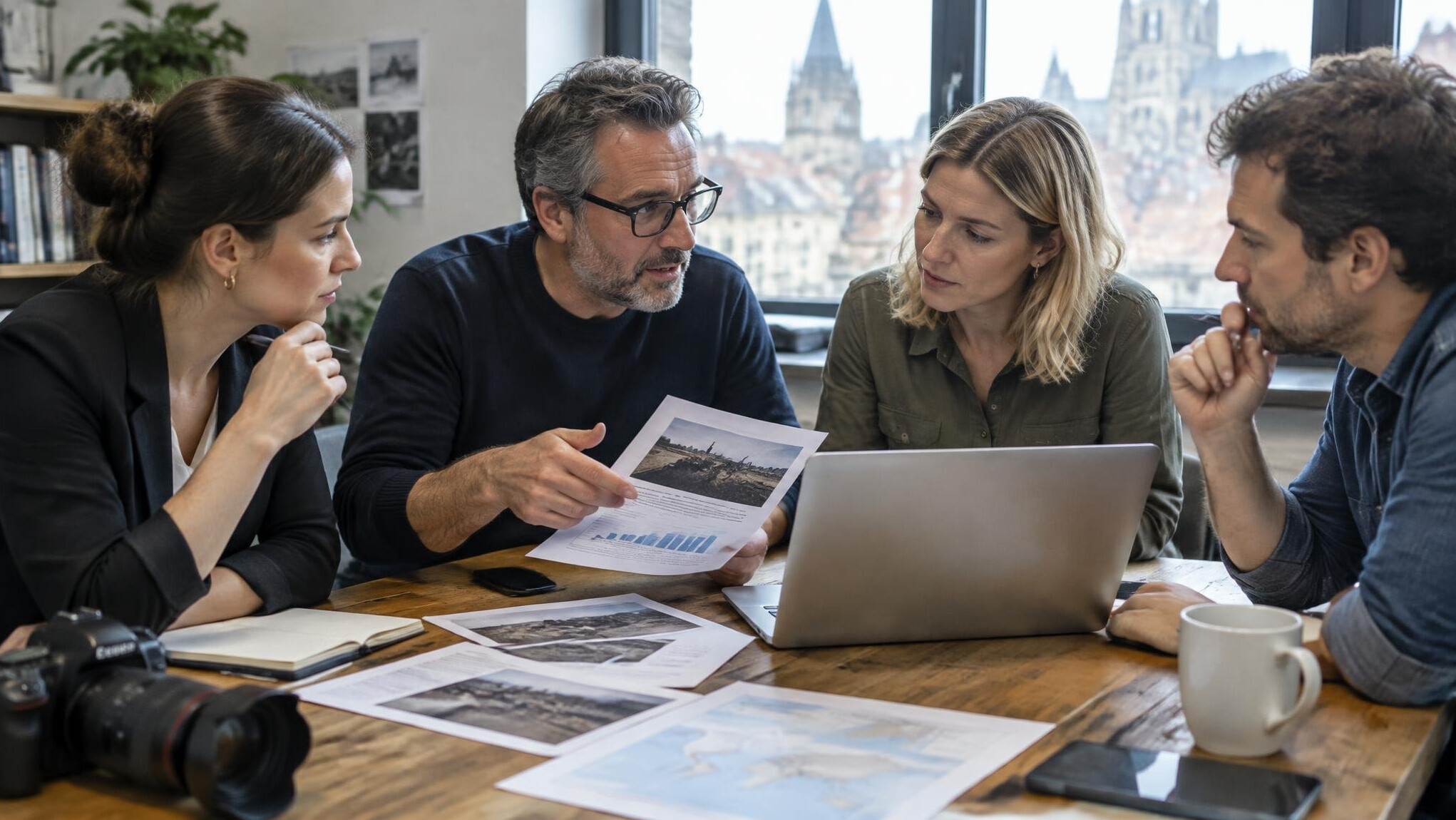 Editorial team gathered around a table discussing documents
