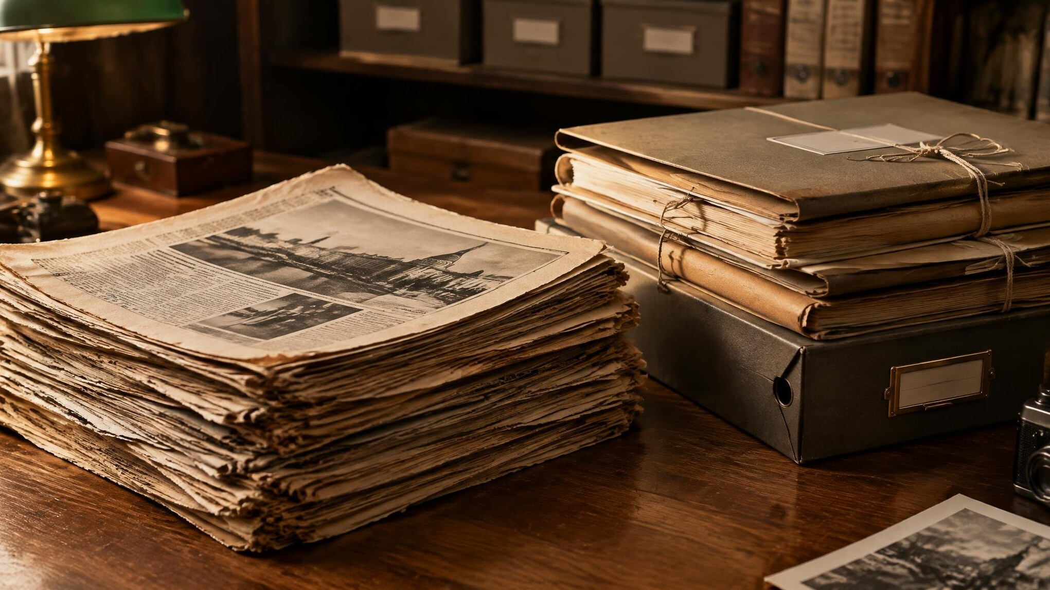 Stack of old newspapers and archive folders