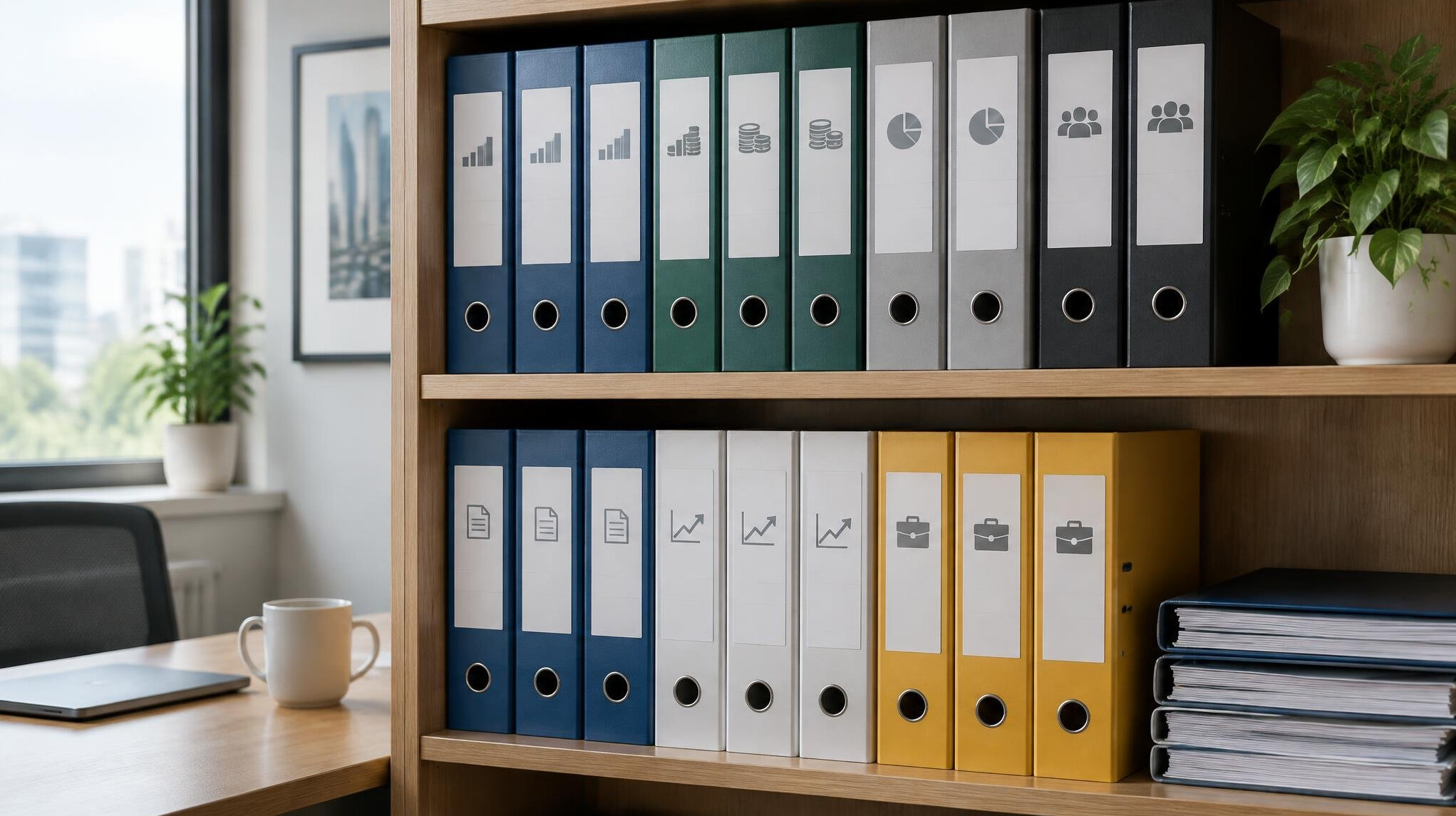 Binder folders of financial reports on an office shelf