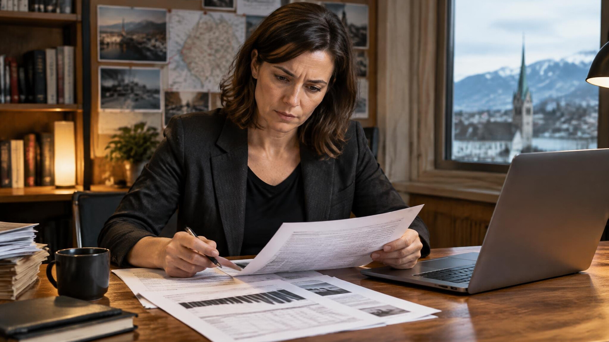 Journalist reviewing financial documents at a desk with a laptop