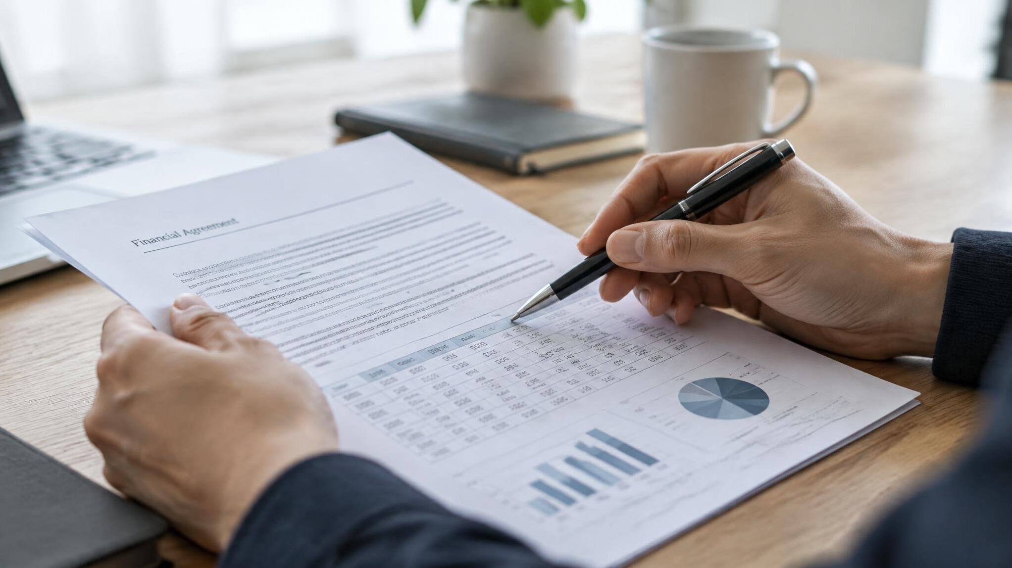 Hands reviewing a printed financial contract with a pen
