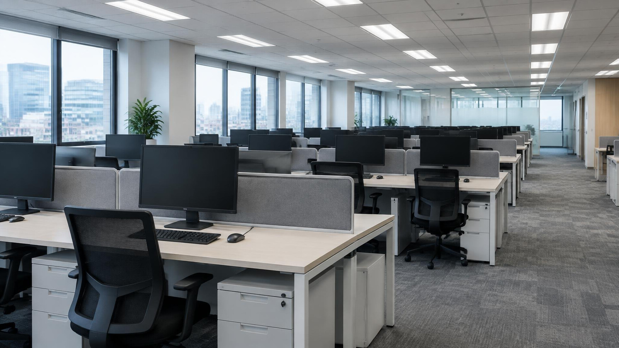 Rows of empty office desks with computer monitors