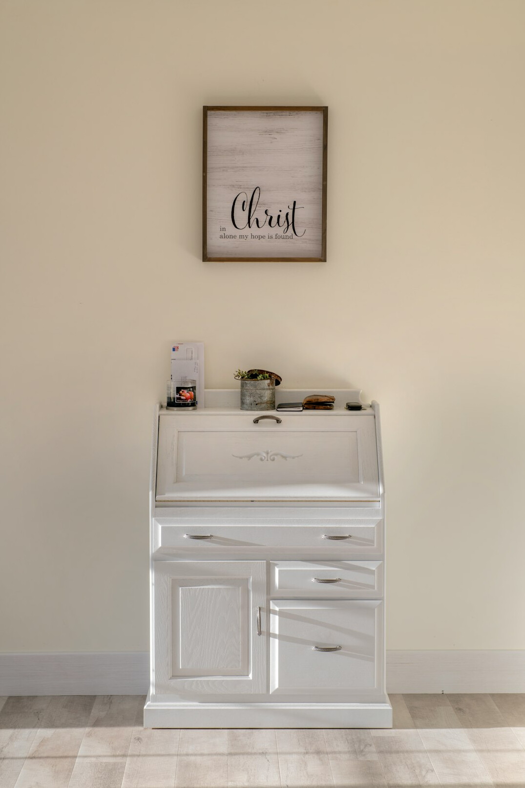 Reception desk of a small modern office with a telephone